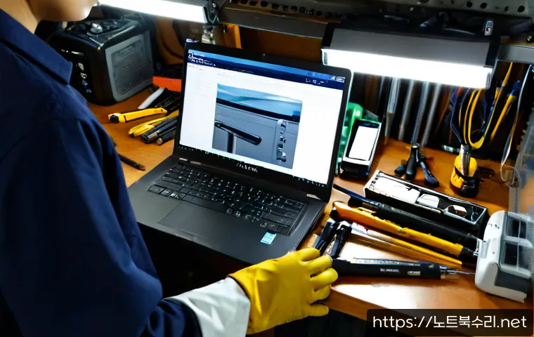 삼정동 맥북에어 판매 및 수리 - Photorealistic electronics repair bench in Samjeong-dong, a slim silver ultraportable laptop opened ...
