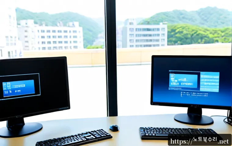 명일동 STATUS_KERNEL_MODE_EXCEPTION - Photorealistic IT support workstation in a quiet Myeongil apartment office, dual monitors showing a ...