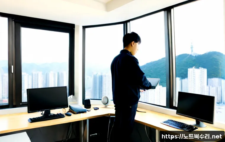 다율동 STATUS_INVALID_DISPOSITION - Photorealistic IT support workstation in a modern Daryul-dong apartment office, dual monitors showin...