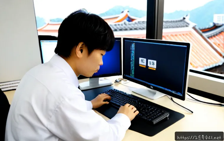돈의동 IO_DEVICE_ERROR - Photorealistic IT support workstation in a compact Seoul office near traditional tiled rooftops, tec...