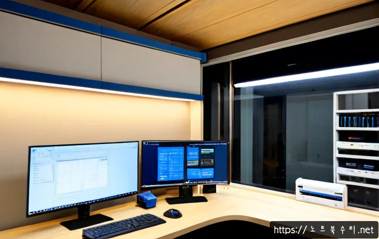 관철동 WHEA_UNCORRECTABLE_ERROR - Photorealistic high-end workstation in a compact Jongno office, dual monitors showing a textless 3D ...