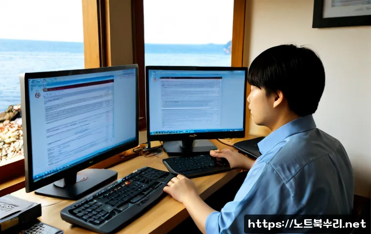 무의동 STATUS_FILE_CORRUPTION - Photorealistic remote-support workstation in a quiet coastal island home office, dual monitors showi...