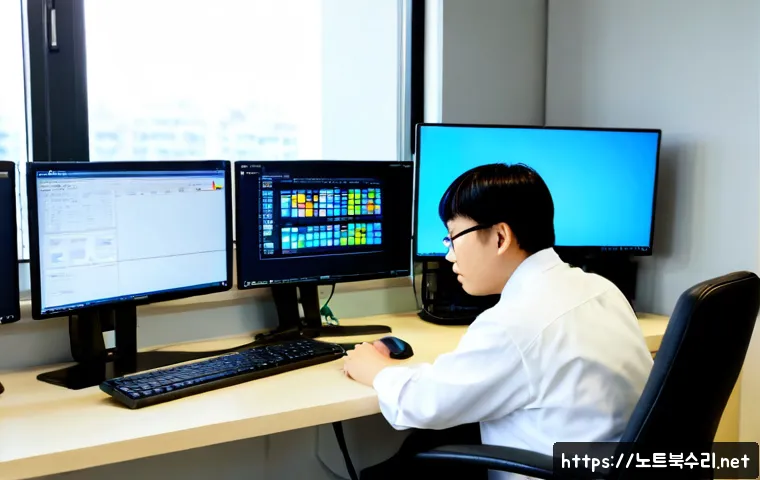 덕계동 STATUS_STACK_BUFFER_OVERRUN - Photorealistic IT support workstation in a compact Korean suburban office, dual monitors showing abs...