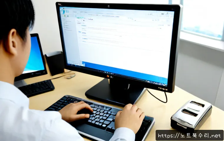 평택동 STATUS_IMAGE_ACCESS_DENIED - Photorealistic remote-support workstation in a compact Pyeongtaek-dong office, dual monitors showing...