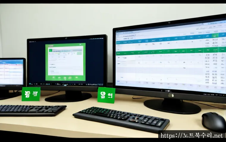 유양동 MULTIPLE_IRP_COMPLETE_REQUESTS - Photorealistic financial operations workstation in a quiet suburban Korean office, dual monitors sho...