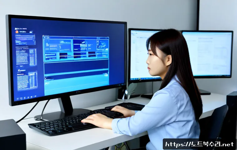 오산동 IRQL_NOT_LESS_OR_EQUAL - Photorealistic IT support workstation in a modern Osan-dong office, dual monitors showing a blank bl...