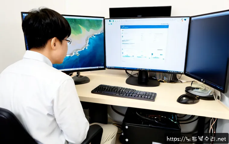 오산동 IO1_INITIALIZATION_FAILED - Photorealistic IT support workstation in a compact Osan-dong office, dual monitors showing an abstra...