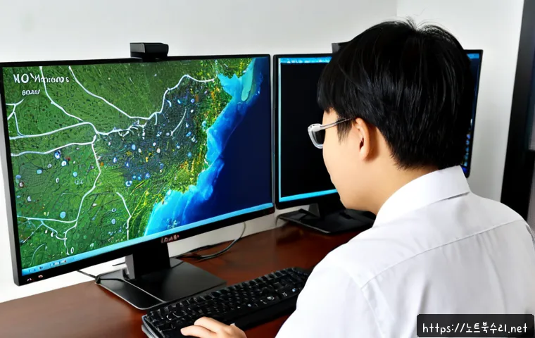 원곡면 PAGE_TABLE_CORRUPT - Photorealistic IT technician at a clean workstation in a modest Wongok-myeon office, dual monitors s...