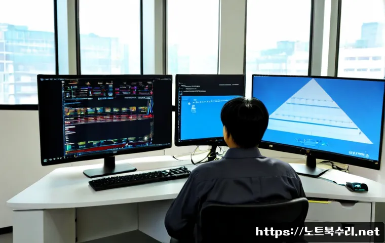항동 STATUS_KERNEL_PERMISSION_DENIED - Photorealistic IT support workstation in a modern Hangdong office, dual monitors showing abstract pe...