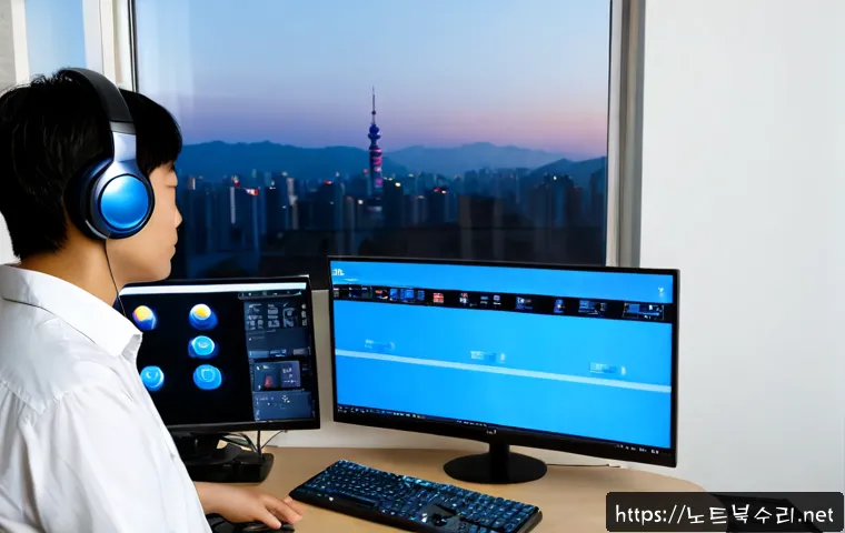 만안구 KERNEL_STACK_INPAGE_ERROR - Photorealistic remote-support workstation in a quiet Anyang apartment, dual monitors showing a nonve...
