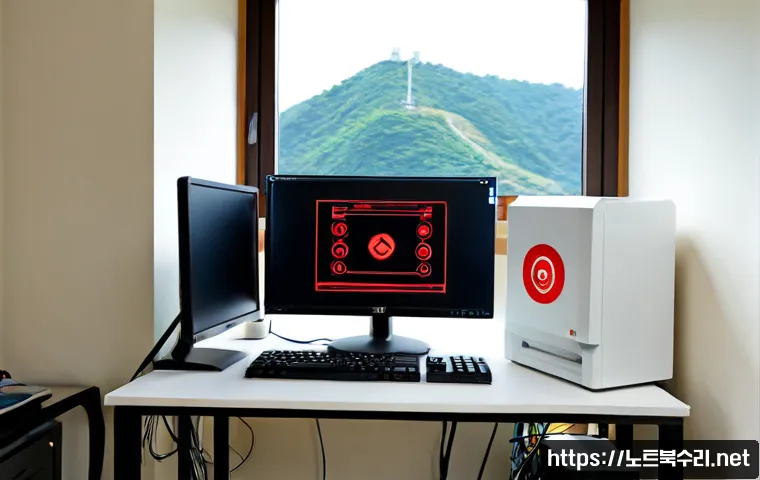 수유동 REGISTRY_ERROR - Photorealistic IT support workstation in a compact Suyu-dong apartment office, dual monitors showing...