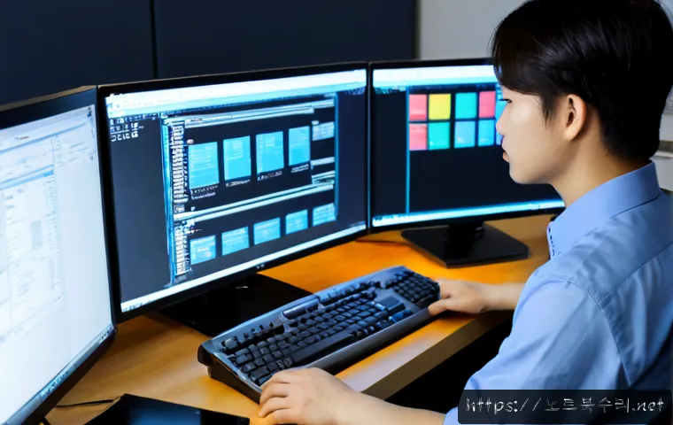 산황동 STATUS_KERNEL_FILE_SYSTEM_ERROR - Photorealistic IT support workstation in a quiet suburban Korean office, dual monitors showing abstr...