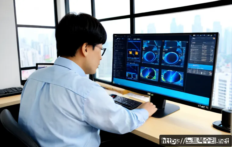 춘궁동 STATUS_KERNEL_DEBUG_FAILURE - Photorealistic IT support workstation in a compact Chunghung-dong apartment office, dual monitors sh...