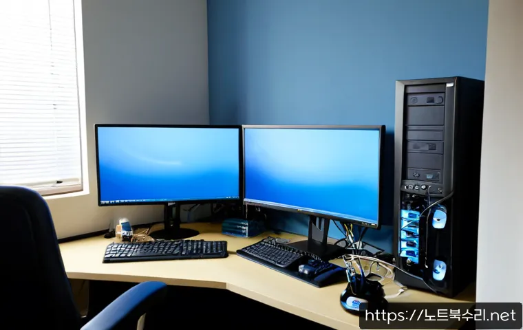 구천동 DRIVER_CAUSED_SYSTEM_CRASH - Photorealistic IT support workstation in a compact apartment office, dual monitors showing abstract ...