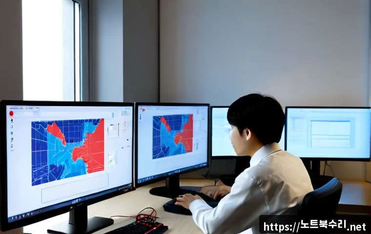 산북동 STATUS_PAGE_FAULT - Photorealistic IT support workstation in a compact Korean apartment office, dual monitors showing a ...