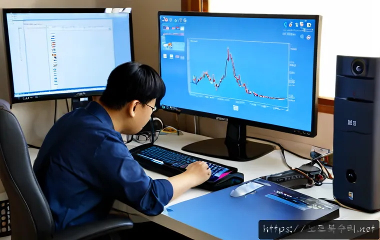 내가면 IRQL_NOT_LESS_OR_EQUAL - Photorealistic remote IT support workstation in a compact Korean home office, dual monitors with one...