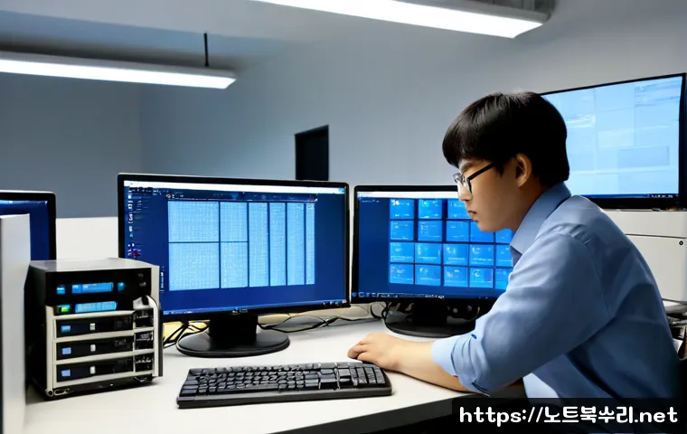 사사동 STATUS_IO_TIMEOUT - Photorealistic IT support workstation in a modest industrial office near a Korean logistics district...
