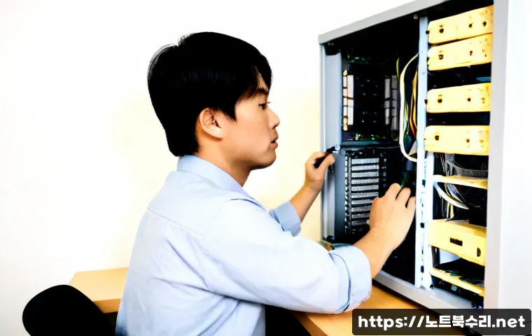 공덕동 파워조립 및 교체수리 - Photorealistic computer repair workstation in Gongdeok-dong, technician installing a new modular pow...