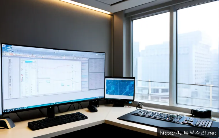 관철동 STATUS_KERNEL_MEMORY_LEAK - Photorealistic IT support workstation in a compact Jongno office, dual monitors showing a complex un...
