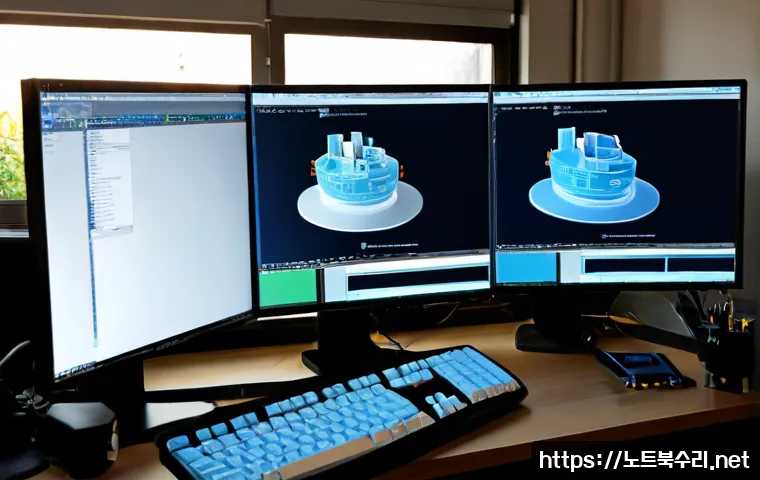 혜화동 STATUS_KERNEL_MODULE_NOT_FOUND - Photorealistic software engineer workstation in a quiet Hyehwa neighborhood studio, dual monitors di...