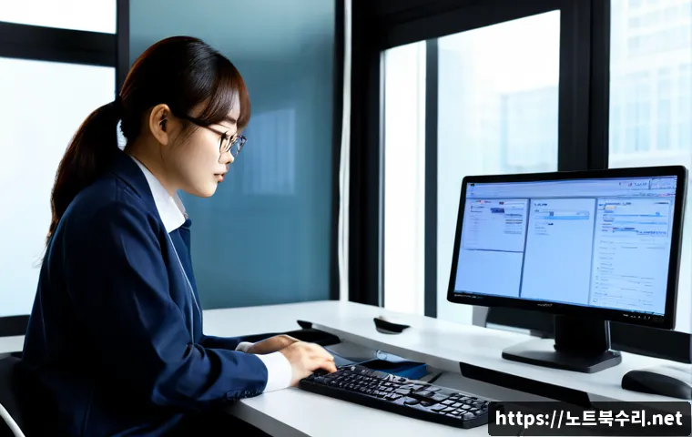 관철동 CDFS_FILE_SYSTEM - Photorealistic IT support workstation in a compact Jongno-style office, dual monitors displaying abs...
