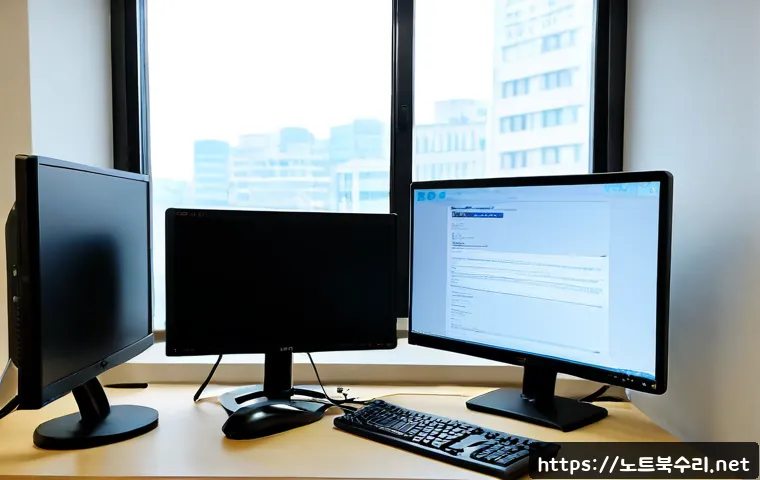 토평동 입력신호가 없습니다 - Photorealistic IT support workstation in a quiet Topyeong-dong apartment office, dual monitors showi...