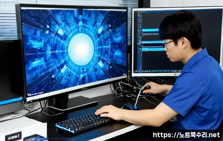 용답동 THREAD_STUCK_IN_DEVICE_DRIVER - Photorealistic IT support workstation in a compact Seoul-style office, dual monitors showing a froze...