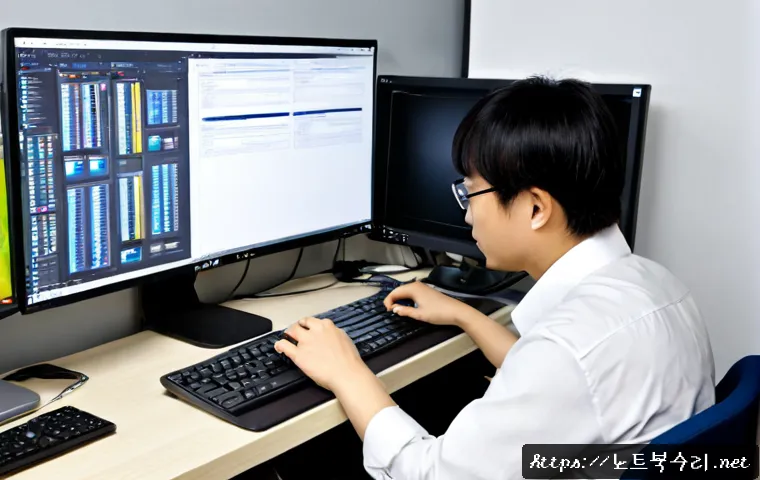 강서구 pc복구중 - Photorealistic PC recovery workstation in a compact Gangseo-gu office, technician carefully connecti...