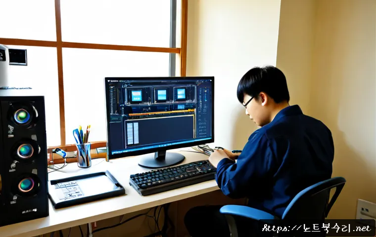 신월동 자동복구 - Photorealistic PC repair workstation in a compact Sinwol-dong apartment office, technician monitorin...