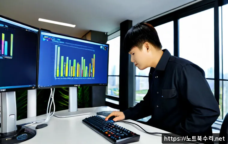 남동 REGISTRY_ERROR - Photorealistic remote-support workstation in a modern Namdong industrial office, dual monitors showi...