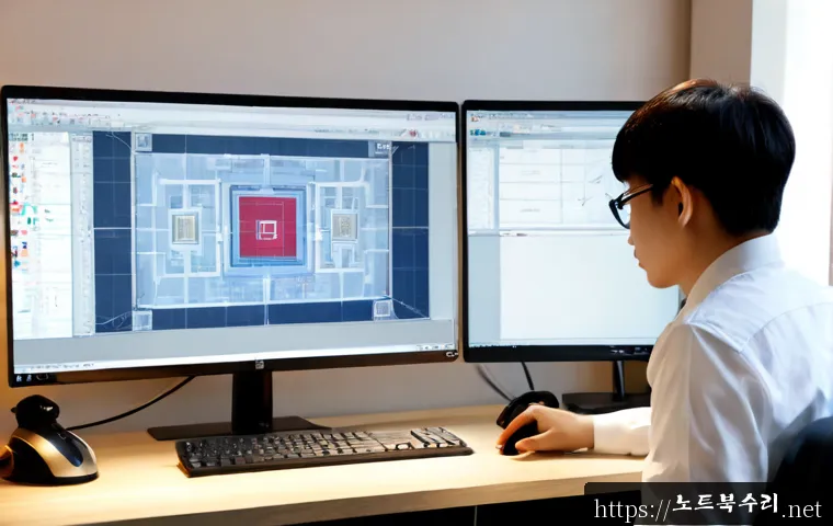 흥도동 SOFTWARE_EXCEPTION - Photorealistic software support workstation in a quiet Heungdo-dong apartment office, dual monitors ...