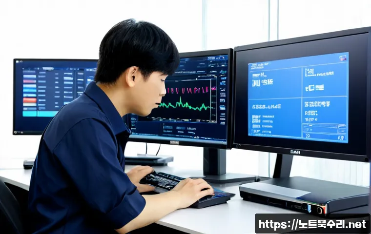 증포동 SYSTEM_SERVICE_EXCEPTION - Photorealistic IT support workstation in Jeungpo-dong, Icheon, dual monitors showing a blank blue sy...