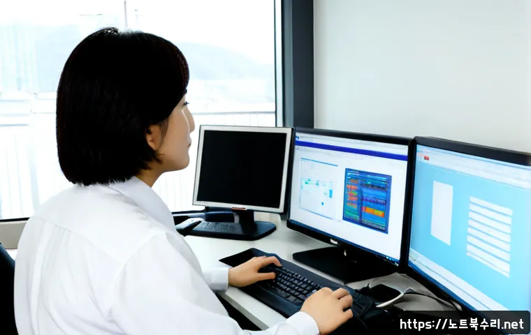 청진동 STATUS_KERNEL_BLOCKED - Photorealistic IT support workstation in a compact downtown Seoul office, ultrawide monitor showing ...