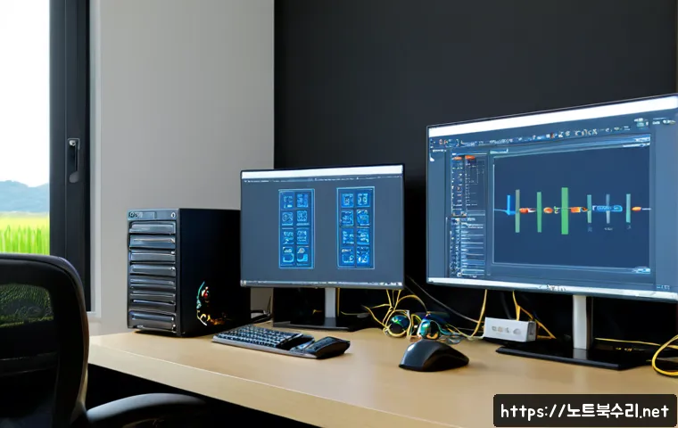 부발읍 STATUS_RESOURCE_NOT_OWNED - Photorealistic IT support workstation in a quiet suburban Korean office near rice fields, dual monit...