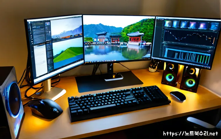 화평동 오버클럭 뚜따 - Photorealistic high-end PC tuning workstation in a compact Korean neighborhood office, open desktop ...
