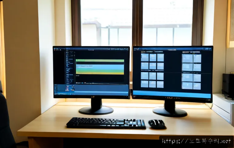 안녕동 STATUS_RESOURCE_NOT_OWNED - Photorealistic IT support workstation in a quiet suburban Korean home office, dual monitors showing ...
