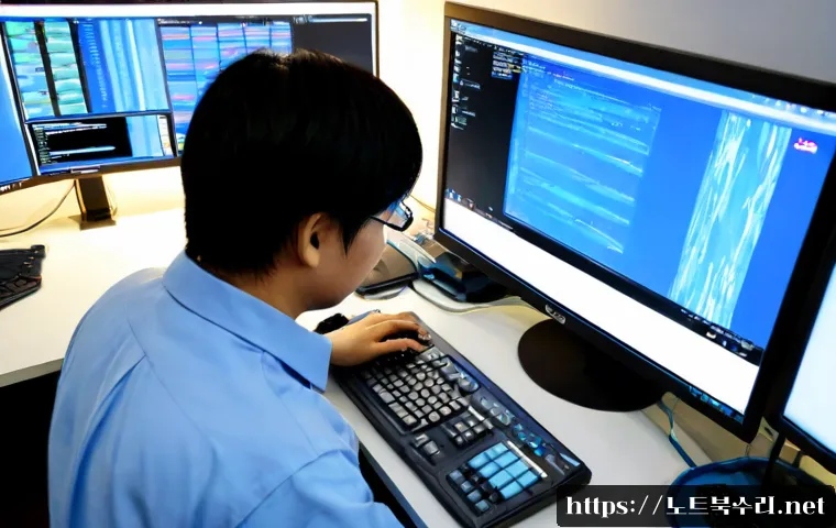 은행동 KERNEL_STACK_INPAGE_ERROR - Photorealistic IT support workstation in a compact Bank-dong office, dual monitors showing a frozen ...
