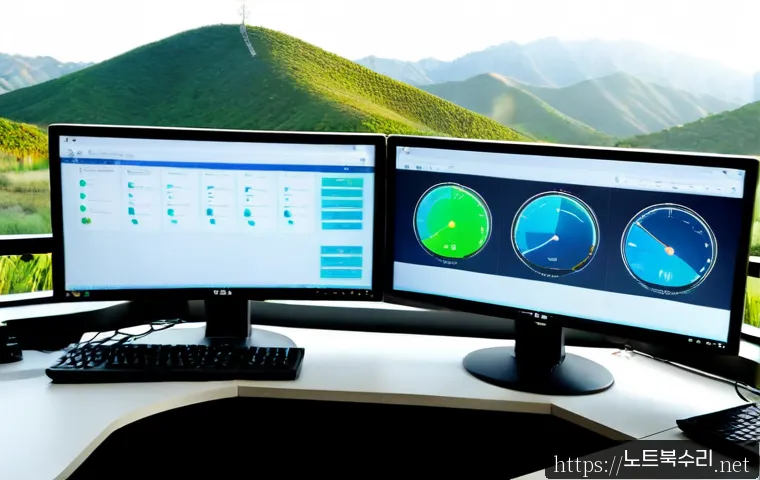 양평읍 STATUS_EXECUTION_TIMEOUT - Photorealistic remote IT support workstation in a quiet riverside county office, dual monitors showi...