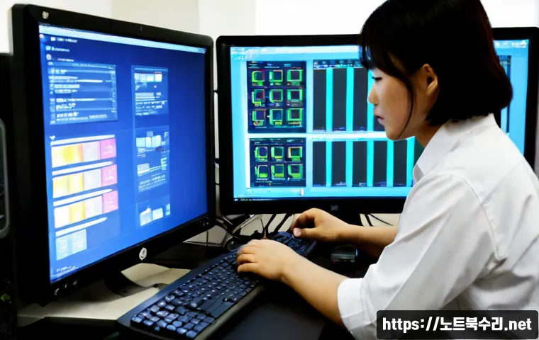 마장동 STATUS_DISK_WRITE_FAILURE - Photorealistic IT support workstation in a compact Seoul meat-market district office, technician exa...