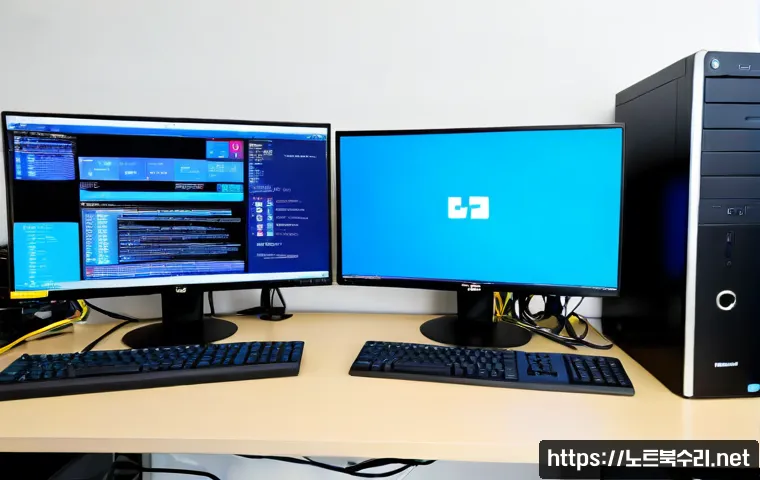건건동 WIN32K_POWER_WATCHDOG_TIMEOUT - Photorealistic PC repair workstation in Geongeon-dong, dual-monitor office setup with one screen sho...