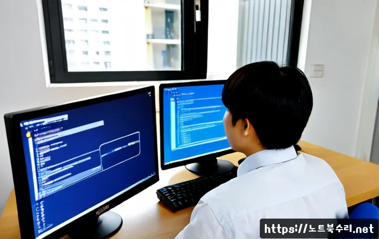 수택동 STATUS_KERNEL_MODULE_FAILURE - Photorealistic remote-support workstation in a compact Guri residential office, dual monitors showin...