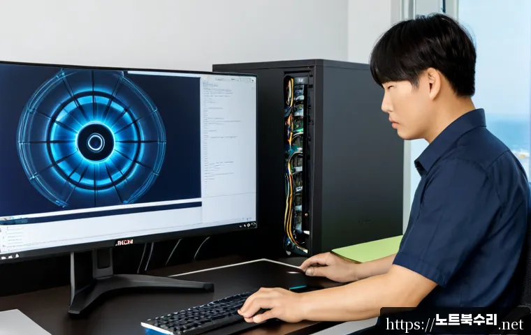 영종도 STATUS_KERNEL_DISK_ERROR - Photorealistic IT support workstation in a modern coastal office near Incheon Airport, technician re...