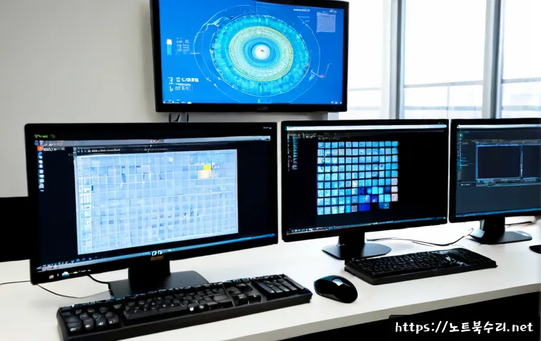 오정구 STATUS_FLOAT_UNDERFLOW - Photorealistic software engineer workstation in an Ojeong-gu industrial office, dual monitors displa...