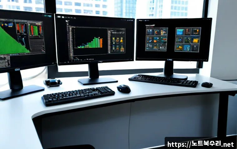 서초동 ACPI_BIOS_ERROR - Photorealistic Seoul office workstation in Seocho-dong, dual monitors showing a clean abstract CAD-s...