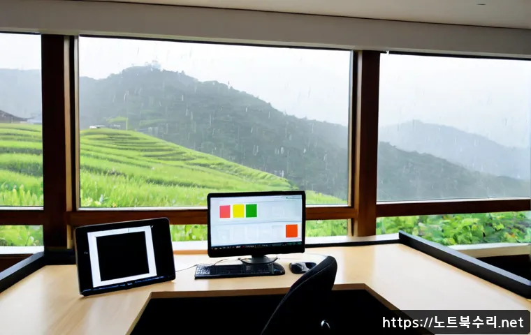 성북동 STATUS_MODULE_CORRUPTION - Photorealistic remote-support workstation in a quiet hillside Seoul home office, dual monitors showi...