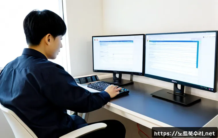 보라동 STATUS_FILE_IN_USE - Photorealistic remote-support workstation in a compact Bora-dong apartment office, dual monitors sho...