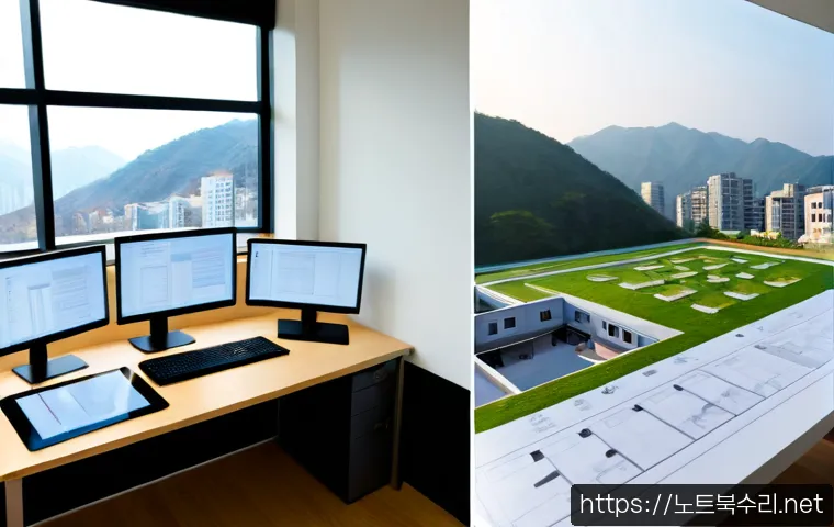 중화동 STATUS_IMAGE_NOT_FOUND - Photorealistic compact architectural workstation in a quiet Northeast Seoul apartment office, dual m...