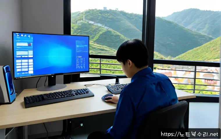 경기광주 STATUS_KERNEL_FILE_SYSTEM_ERROR - Photorealistic IT support workstation in Gyeonggi Gwangju, dual monitors showing abstract blue recov...