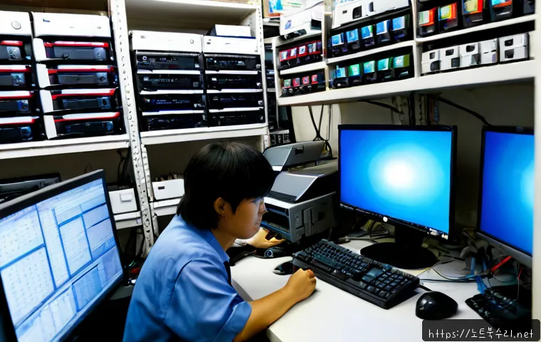 황학동 STATUS_KERNEL_MODULE_INVALID - Photorealistic computer repair workstation in a compact Hwanghak-dong electronics market shop, techn...