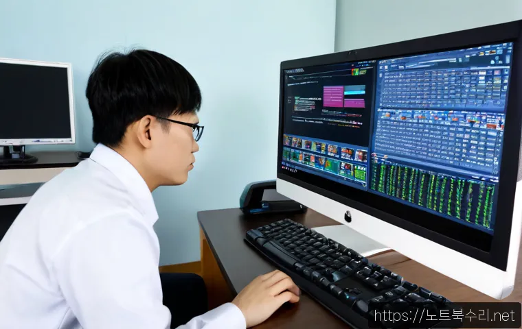 비봉면 악성코드 바이러스 - Photorealistic cybersecurity support scene in a quiet rural Korean office, technician examining a du...